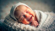 Generative ai. baby smiling and wearing a white hat on a blanket, cute smile, smiling sweetly