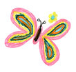 Cute rainbow butterfly with a flower in a naive childrens drawing style isolated on white. Hand drawn illustration with marker pens texture.