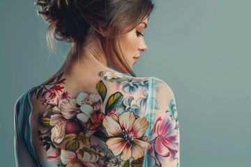 Wall Mural - A woman with a tattoo of flowers on her back