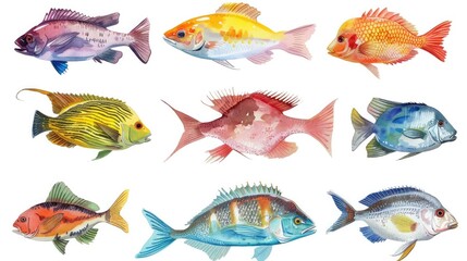 Wall Mural - Different beautiful fishs set collection. Isolated on white background . Generative AI