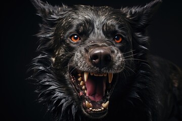 Wall Mural - Aggressive black dog open mouth Generative AI