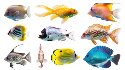 Wall Mural - Different beautiful fishs set collection. Isolated on white background . Generative AI