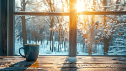 A wooden table in front of the window and a coffee mug on it, sunlight coming through trees in the style of Monet