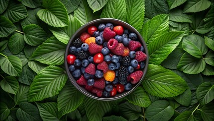 Wall Mural - Generative ai. a close up of a bowl of berries on a green leafy surface