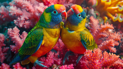 Wall Mural - Two colorful parakeets expressing their deep connection on a vibrant coral surface.