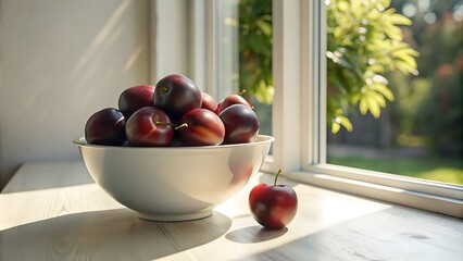 Wall Mural - Generative ai. a bowl of ripe plums on a sunny windowsill