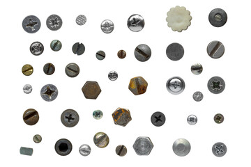 assorted screws, nails and bolts collection top view. overhead view of various screws and bolt heads