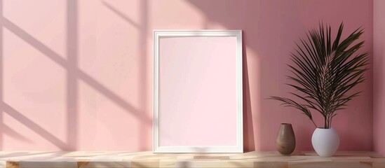 Canvas Print - Horizontal frame mockup template placed on a light pink wall inside a white frame.