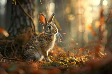 A rabbit is sitting on the ground in a forest