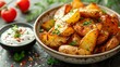 Crisp potato wedges served alongside sour cream dip infused with aromatic herbs for ultimate indulgence