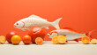 abstract fish, fruits and vegetables on orange background