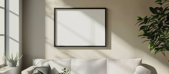 Canvas Print - Photo frame mockup hanging on wall with shadow against a minimalist background in a living room.