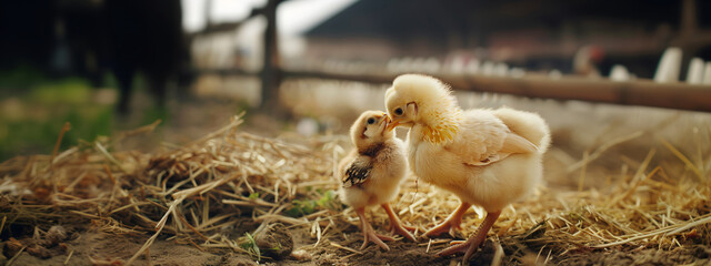 Two little chickens friend on traditional poultry farm. Newborn small cute chicken. Organic farming, back to nature concept