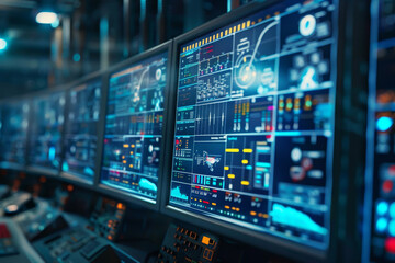 Poster - A row of computer monitors displaying various data and graphs