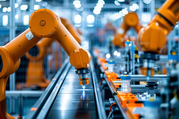 Poster - A factory with robots on a conveyor belt