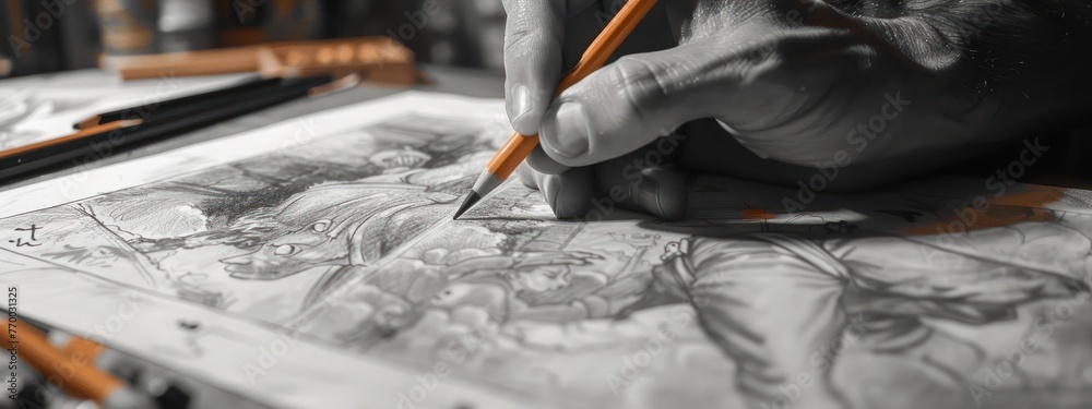 Animator using a pencil to shade a character s costume detail on a ...
