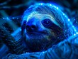 Close-up portrait of a sloth in grid style. A computer generated polygonal image. Facial recognition grid on a live subject. Wild animal looking at something. Curious gaze. Illustration for design.