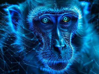 Wall Mural - Close-up of a macaque's face in grid style. Polygonal computerized image of a monkey. Facial recognition grid on a live object. Illustration for cover, card, poster, brochure or presentation.