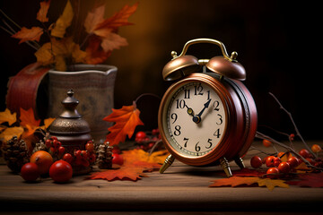 Autumn still life with alarm clock and autumn leaves on wooden background