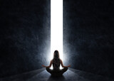 Fototapeta  - Woman in meditation position while a door opens and light enters
