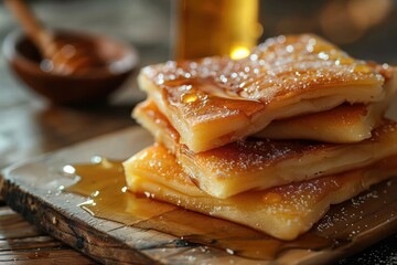 Medium shot of Moroccan msemen, square-shaped, flaky pancakes served with honey and almond paste