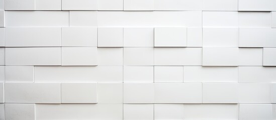 Poster - A close up of a white rectangular tile wall with a grey geometric pattern, parallel lines, and symmetry. The flooring is wood, ceiling has tints and shades