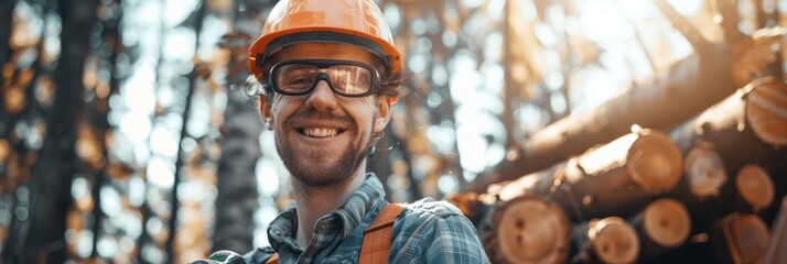 Wall Mural - Male lumberjack woodcutter in safety glasses and a helmet with a saw in his hands against the background of a cut tree