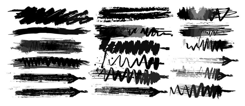 下線のブラシストロークセット、線の落書き落書き、黒い鉛筆ベクトル手描きの仕切りコレクション。スケッチマーカーボーダー、クレヨンストライプキット、グランジクリエイティブテキスト装飾。ブラシストロークに下線を引く