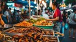 Street food stall showcases a sustainable food of the future, serving various edible insects Concept: food of the future