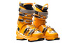 A vibrant pair of yellow ski boots standing out on a pristine white background
