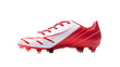 A white and red soccer shoe stands out on a pristine white background