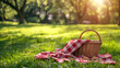 © CozyDigital - Summer rest on picnic in the park. There is blanket and basket of food on the grass.
