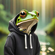 Cool frog wearing a black hooded sweatshirt, illustration.