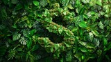 Green dollar sign covered with moss and leaves on dark jungle foliage background. Eco-friendly business and sustainable finance concept