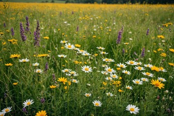 Beautiful wild flowers in a meadow summer time. blossom in full bloom.