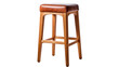 A wooden stool with a rich brown leather seat, showcasing a blend of traditional craftsmanship and elegance