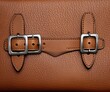 A close up of a brown leather purse with two buckles. Generative AI.