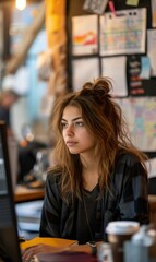 Wall Mural - A woman sitting at a desk in front of computer monitor. Generative AI.