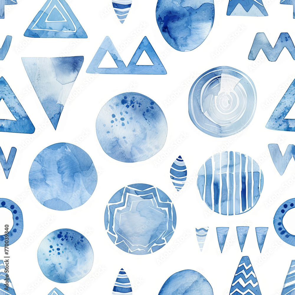 Seamless watercolor pattern featuring blue geometric elements on a ...