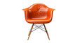 A vibrant orange chair with wooden legs stands confidently on a stark white background