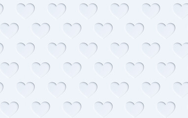 Poster - Seamless pattern of many white or light gray hearts with paper cutout effect or shadow on a white background. Modern and trendy conceptual abstract background with copy space.
