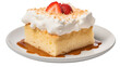 A delectable slice of cake adorned with whipped cream and a juicy strawberry