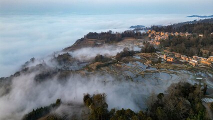 Poster - Aerial view of a mountain town: Yuanyang, Bada, China