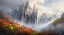  A House Stands Before Foggy Trees, In A Mountainous Landscape With A Hazy Sky