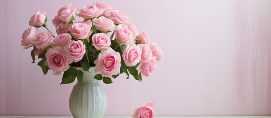 Wall Mural - Beautiful pink roses arranged in a vase placed on a wooden table in a room