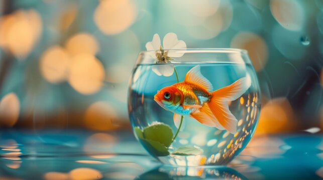 Goldfish in Bowl with Flower on Water Surface