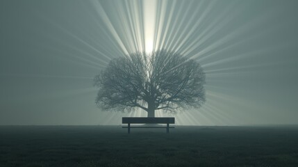 Sticker -  A solitary bench under a field's open sky, bathed in sunlight emanating from behind a towering tree