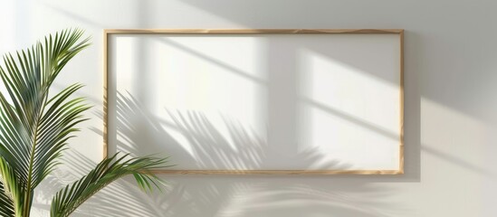 Sticker - Large landscape mockup frames in various sizes such as 50x70, 20x28, A3, and A4, with a wooden frame and passe-partout displayed on a white wall alongside a palm leaf. The design aesthetic is clean,