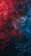 Textured abstract painting with contrasting red and blue hues on rough surface.