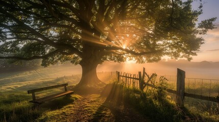 Wall Mural -  A foggy day, the large tree's branches shelter a wooden bench from direct sunlight